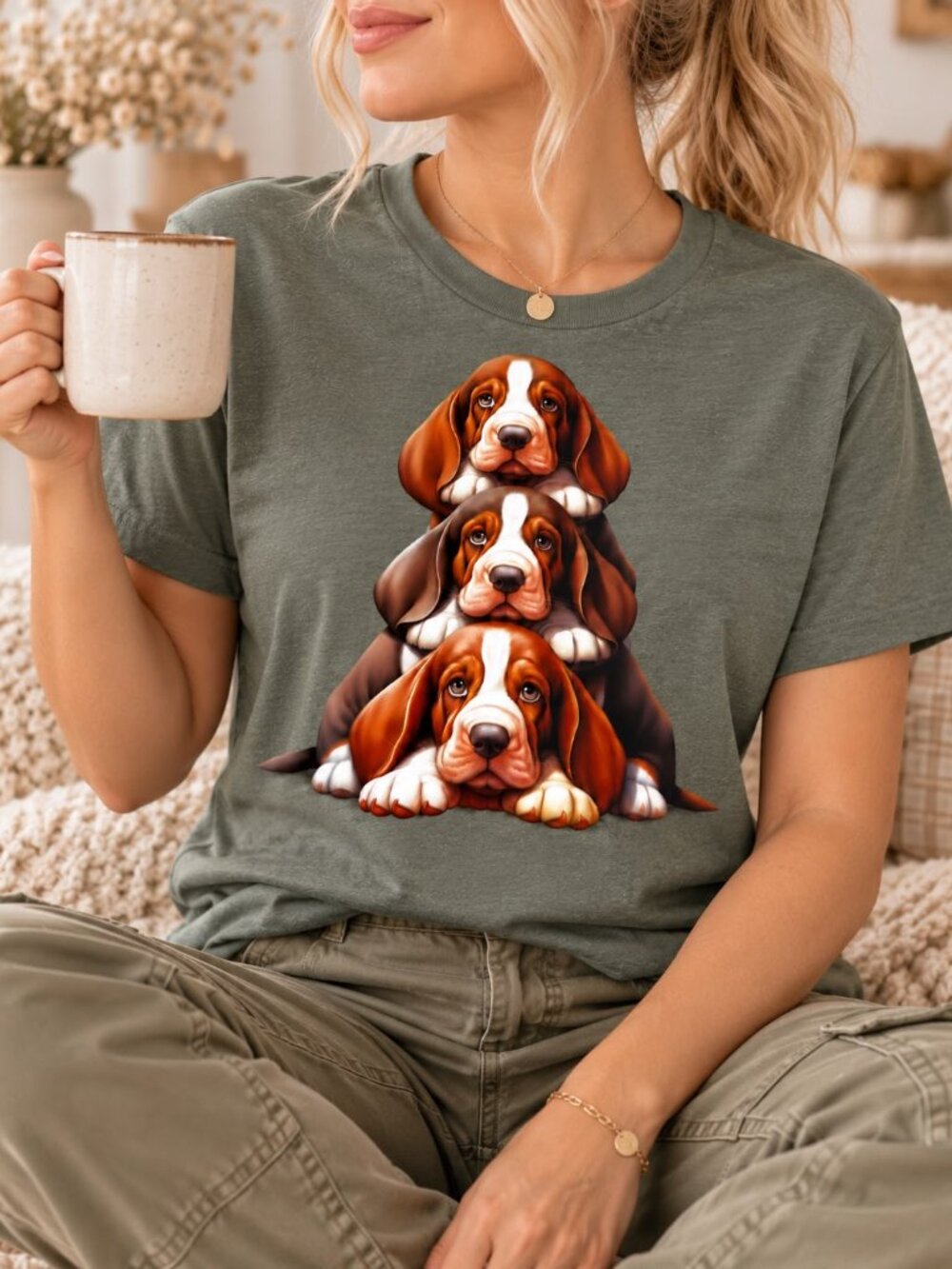 Women’s Military Green T-Shirt Puppy Graphic Dog Lover Casual Tee